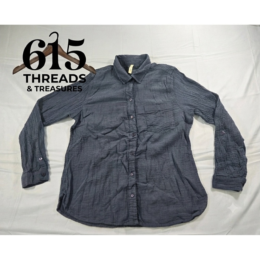 JAG Jeans Womens Double Gauze Cotton Button Down Shirt Gray Navy Long Sleeve L